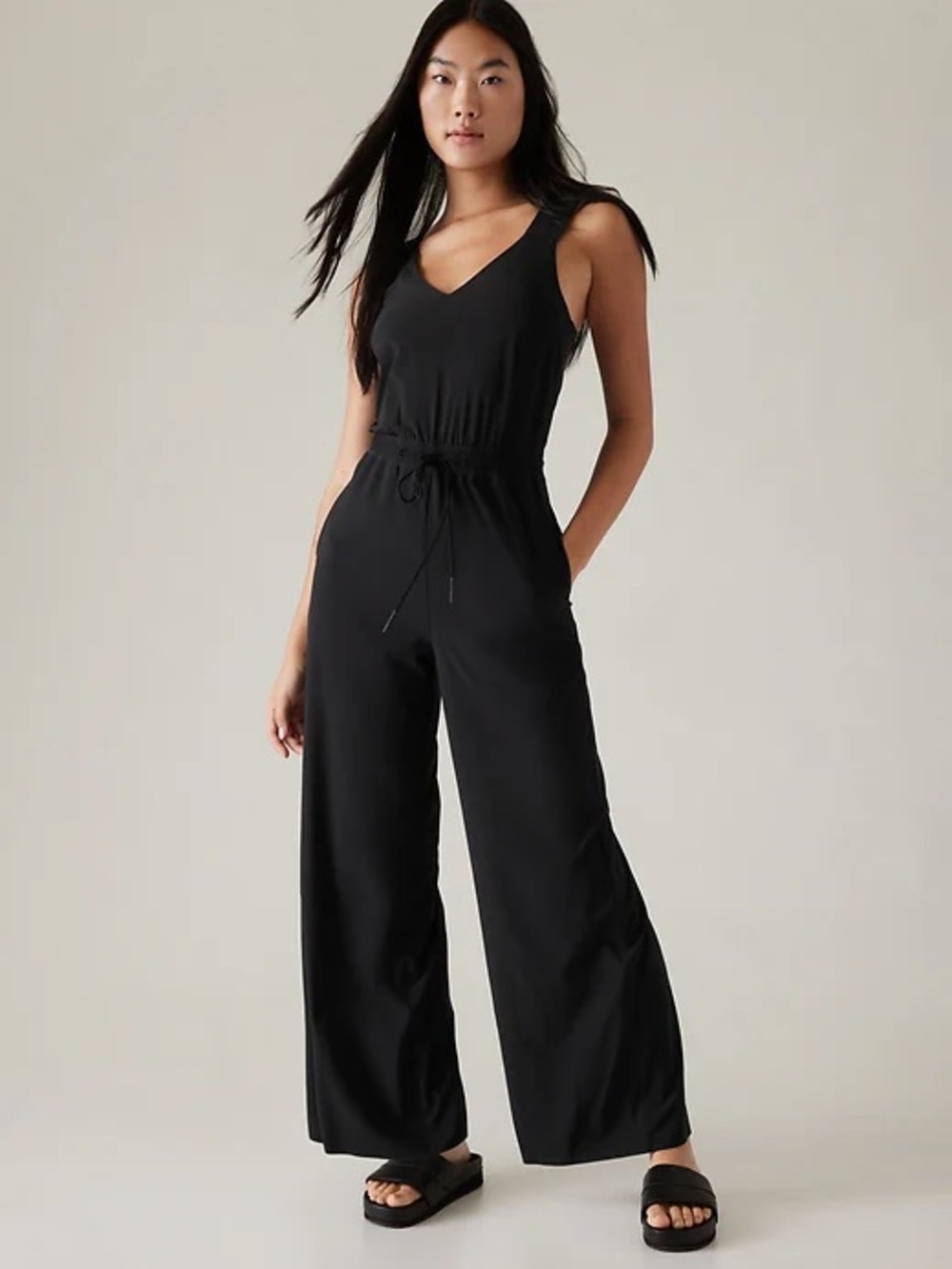 Athleta Savannah V-Neck Sleeveless Wide Leg Jumpsuit | Black | Size 12